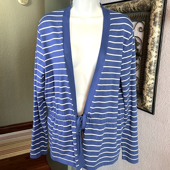 Jones New York Sweaters - Gorgeous Jones New York Blue / White Striped  Open Cardigan with Tie Sz XL